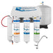 Water filtration system with three cylindrical filters and a faucet on a white background