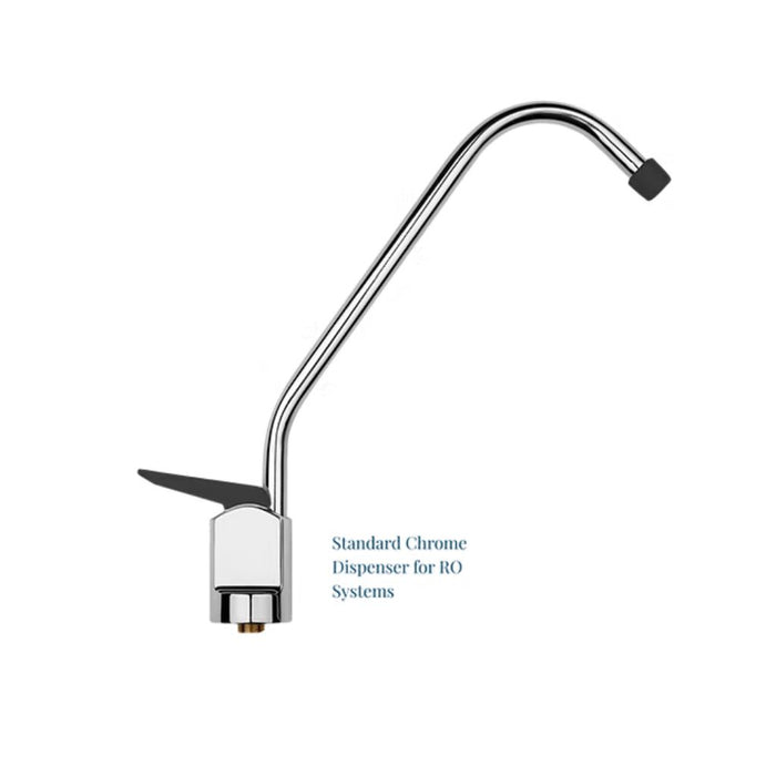 Chrome dispenser for RO systems on a white background