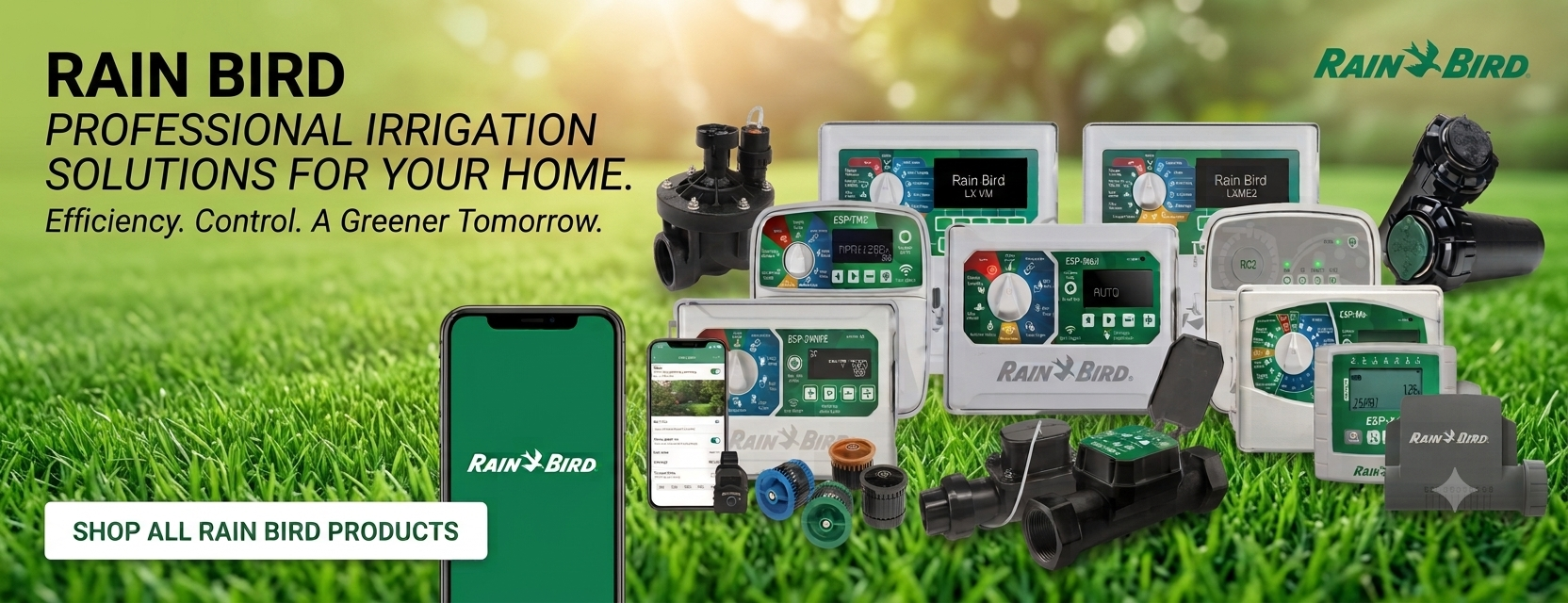 A collage of Rain Bird Products on a lush green lawn