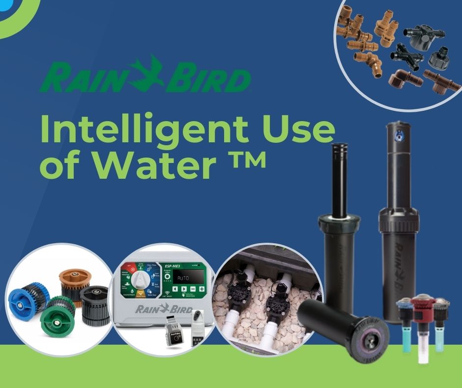 Rain Bird irrigation system components with branding and 'Intelligent Use of Water' slogan on a blue and green background.