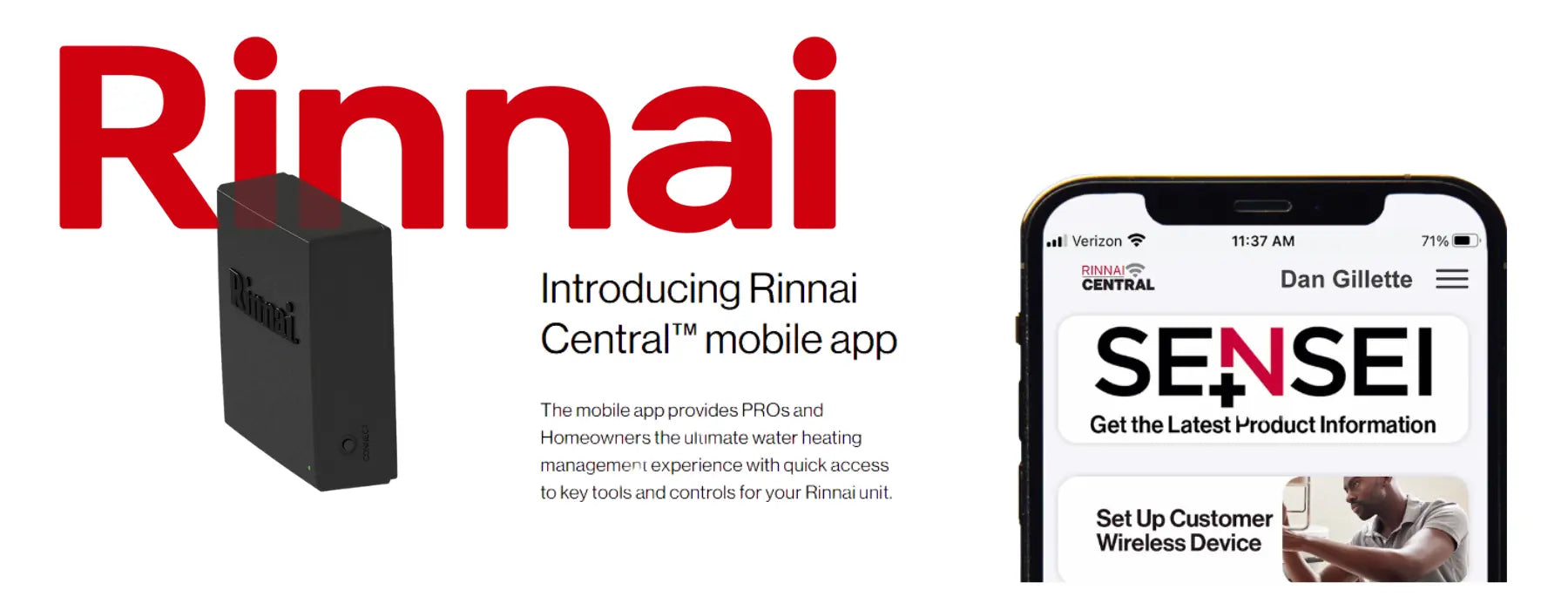 Promotional image of Rinnai remote app module and cell phone