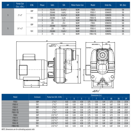 Technical specifications and diagrams of a pump system with dimensions and model details.