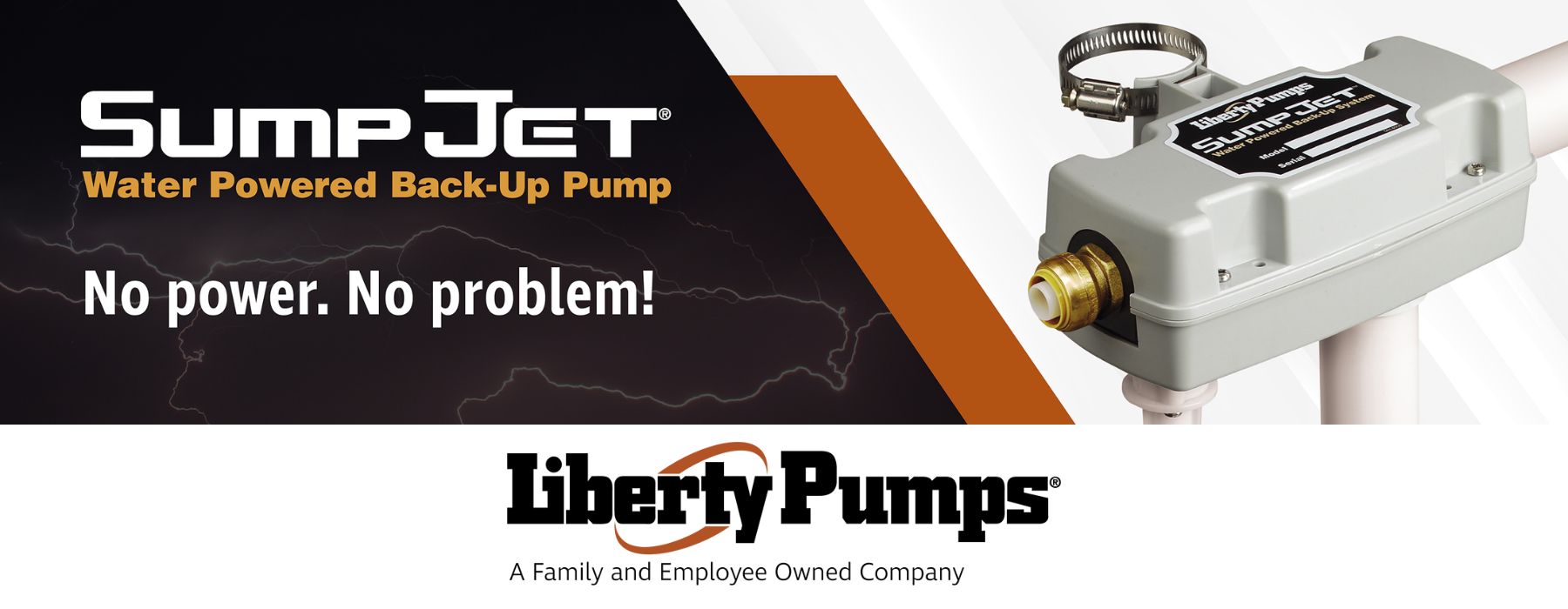 Promotional image of a Water powered back up pump on a white and black background