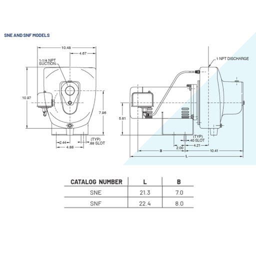 Technical drawing of a pump with dimensions and catalog numbers labeled