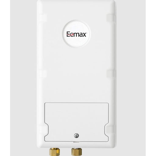 A white Eemax wall-mounted water heater or boiler unit with brass connection fittings at the bottom, shown against a light gray background.