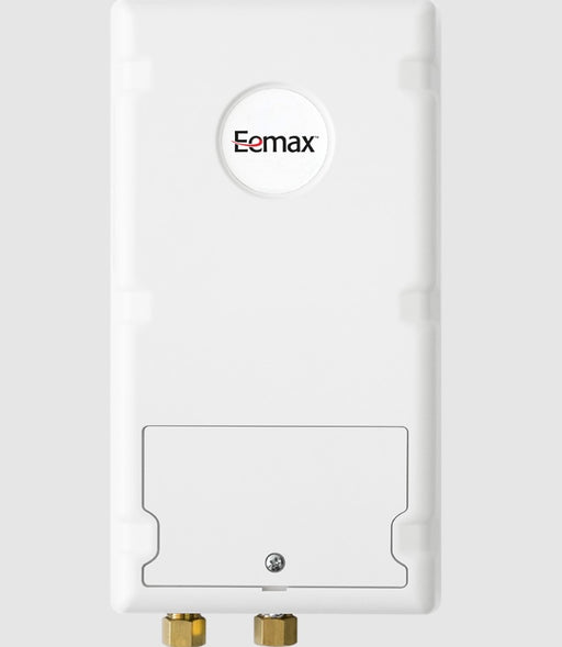 A white Eemax wall-mounted water heater or boiler unit with brass connection fittings at the bottom, shown against a light gray background.