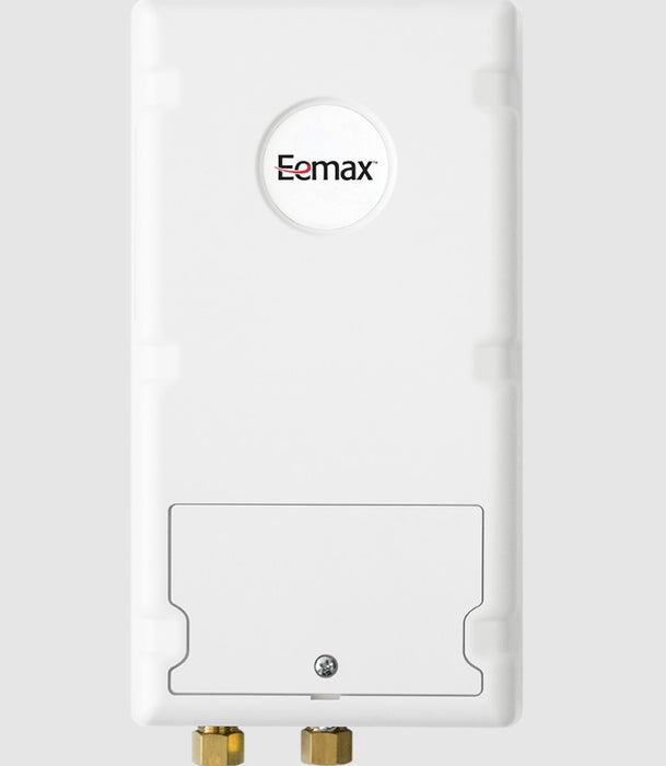 A white Eemax wall-mounted water heater or boiler unit with brass connection fittings at the bottom, shown against a light gray background.