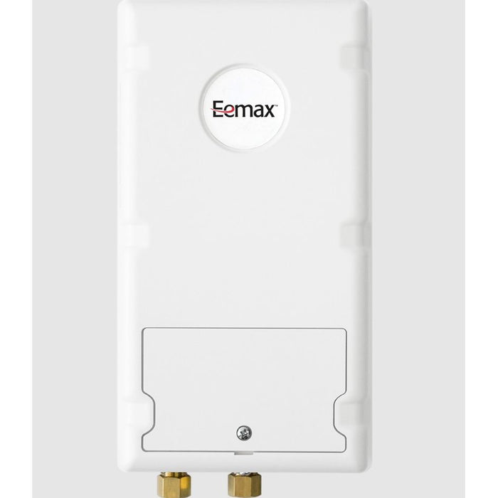 A white Eemax wall-mounted water heater or boiler unit with brass connection fittings at the bottom, shown against a light gray background.