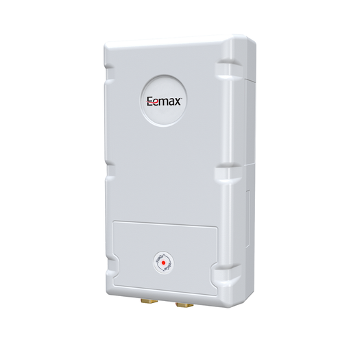 Tankless White water heater on white background with flow co on the front
