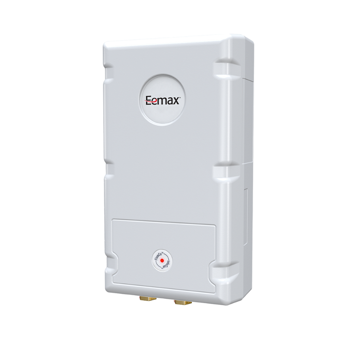 Tankless White water heater on white background with flow co on the front