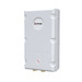 Tankless White water heater on white background with flow co on the front