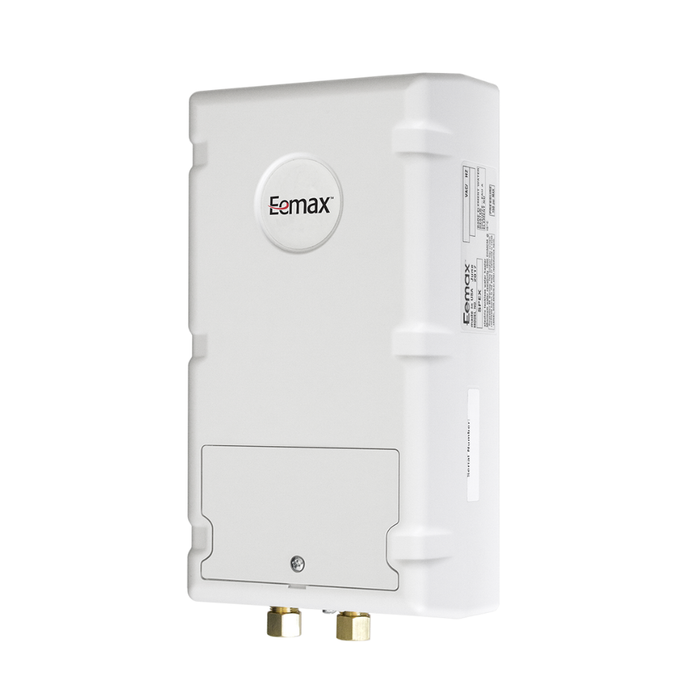 side view of White water heater with 'Eemax' branding on a white background
