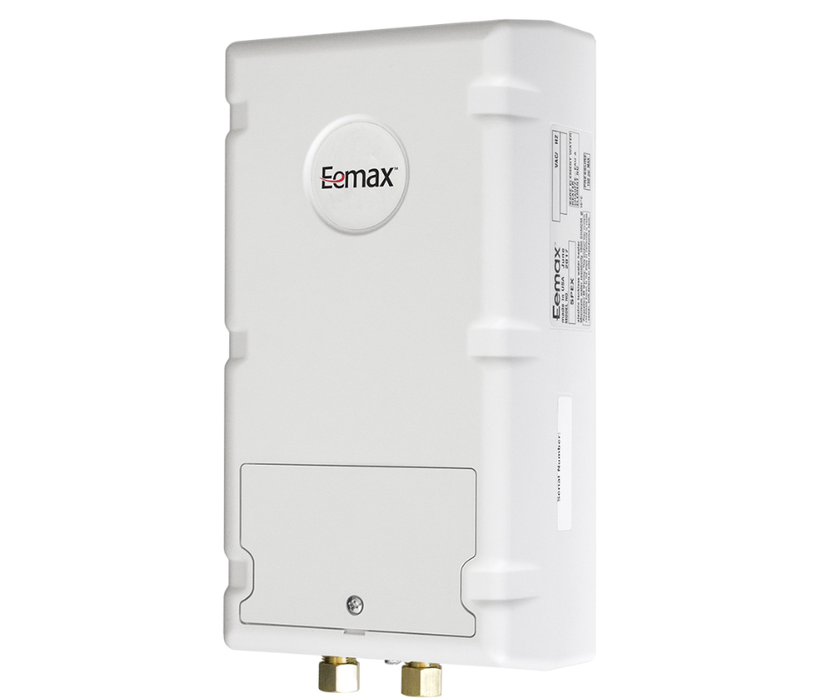 side view of White water heater with 'Eemax' branding on a white background