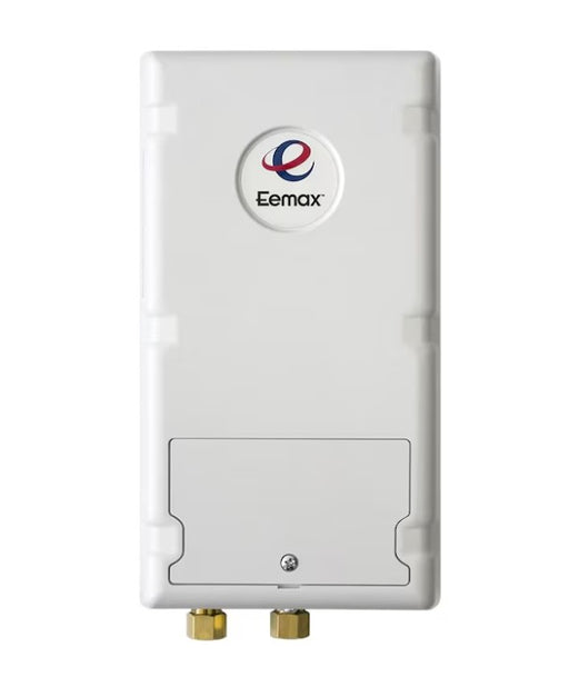 A white Eemax wall-mounted water heater shown from the back, featuring a circular logo badge and two gold-colored connection fittings at the bottom, set against a plain white background.