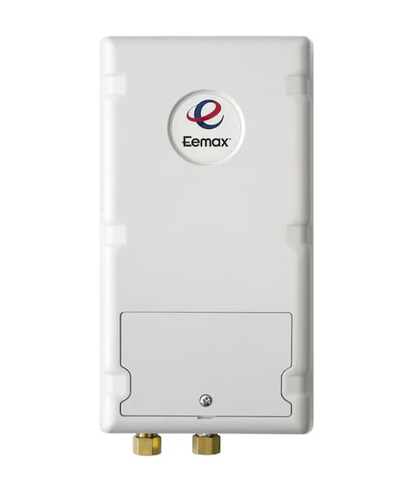 A white Eemax wall-mounted water heater shown from the back, featuring a circular logo badge and two gold-colored connection fittings at the bottom, set against a plain white background.
