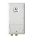 A white Eemax wall-mounted water heater shown from the back, featuring a circular logo badge and two gold-colored connection fittings at the bottom, set against a plain white background.
