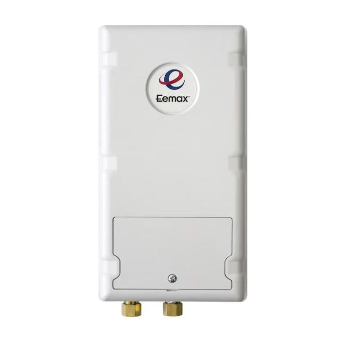A white Eemax wall-mounted water heater shown from the back, featuring a circular logo badge and two gold-colored connection fittings at the bottom, set against a plain white background.