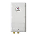 A white Eemax wall-mounted water heater shown from the back, featuring a circular logo badge and two gold-colored connection fittings at the bottom, set against a plain white background.