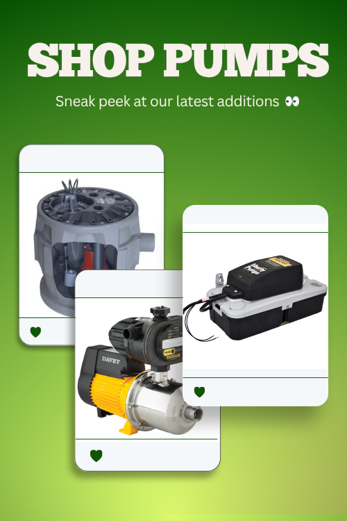 Advertisement for shop pumps with images of pumps on a green background
