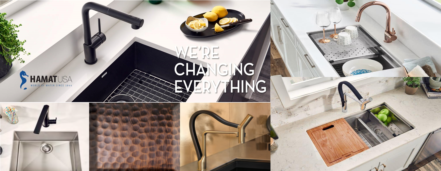 Promotional image with top down views of sinks and faucets