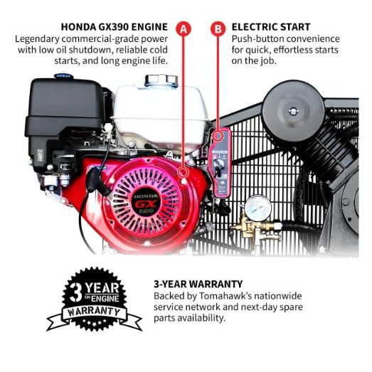 Tomahawk Power TAC30H-390 portable compressor product detail for jobsite air power