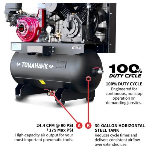 Tomahawk Power TAC30H-390 30-gallon compressor component and control detail