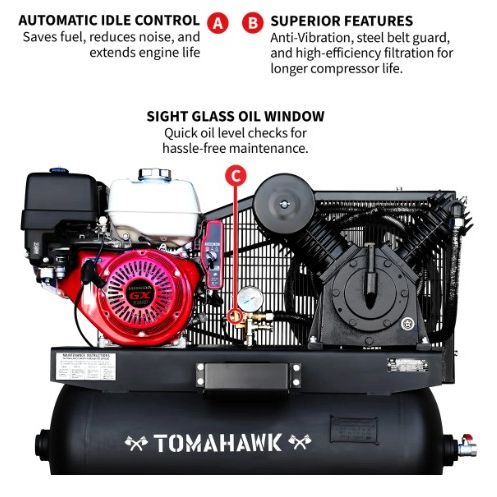 Tomahawk Power TAC30H-390 Honda powered air compressor product and feature view
