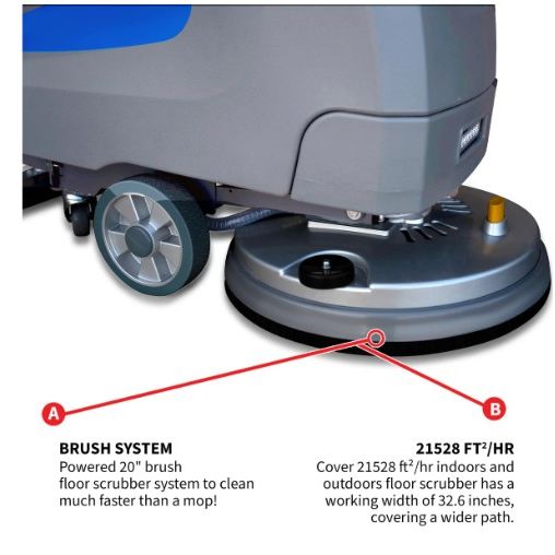 Tomahawk Power TAS850e walk-behind floor scrubber product and feature view