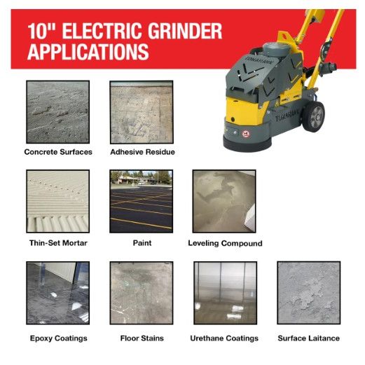 Tomahawk Power TGDR10 floor grinder component and handle view application chart