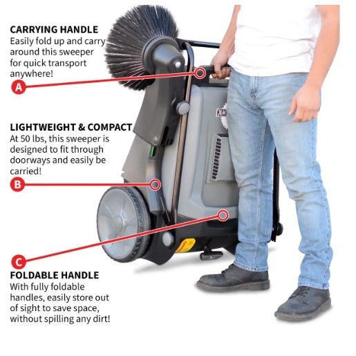 Tomahawk Power TOS38 commercial push sweeper product and accessory view