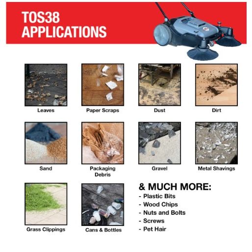 Tomahawk Power TOS38 commercial sweeper showing collection bin and brush area