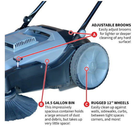 Tomahawk Power TOS38 surface sweeper detail for sidewalks, shops, and warehouses