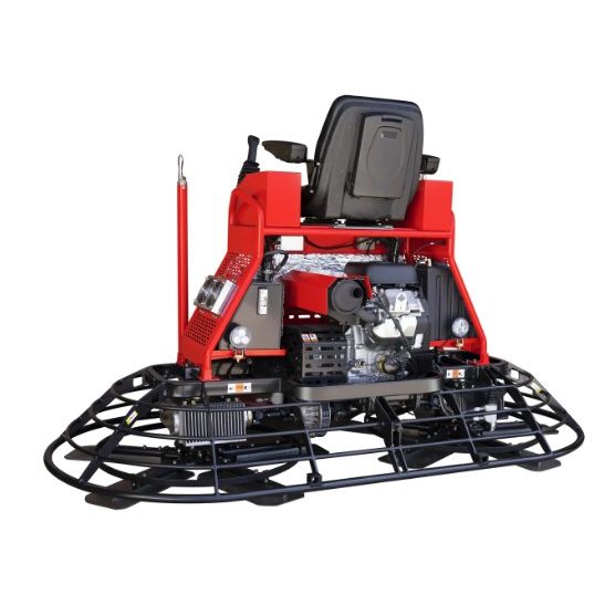 Tomahawk Power TRT46V ride-on concrete trowel showing operator platform and finishing rotors