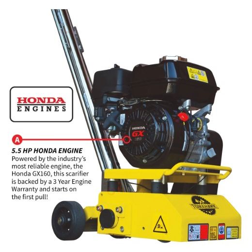 Tomahawk Power TSCAR-8H Honda planer grinder feature view with handle and frame