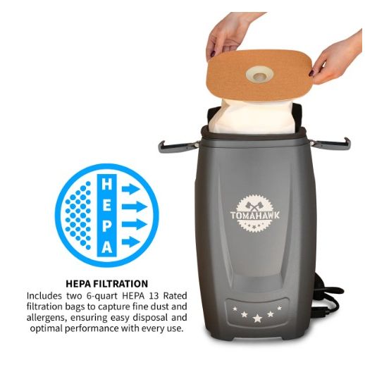 Tomahawk Power TVAC6PLUS backpack vacuum equipment view with canister and attachments