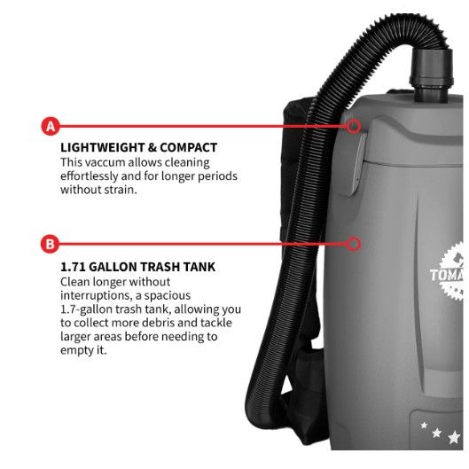 Tomahawk Power TVAC6PLUS commercial backpack vacuum strap and canister view