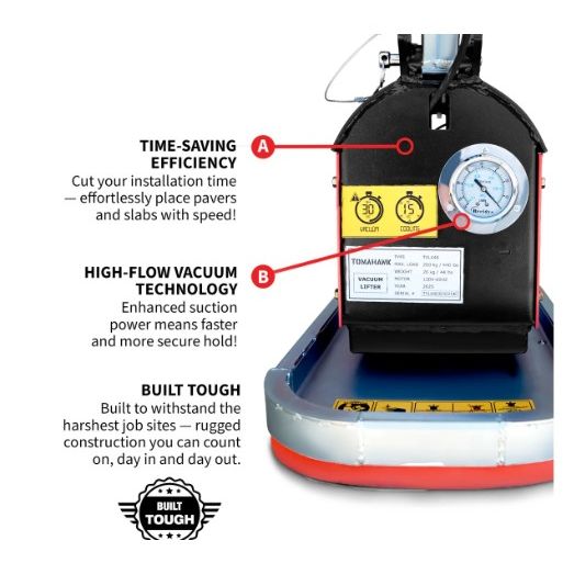 Tomahawk Power TVL440 slab lifter kit component view with suction pad and generator