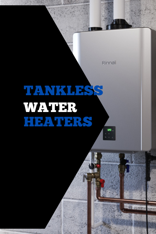Photo of silver Rinnai tankless water heater on cement wall