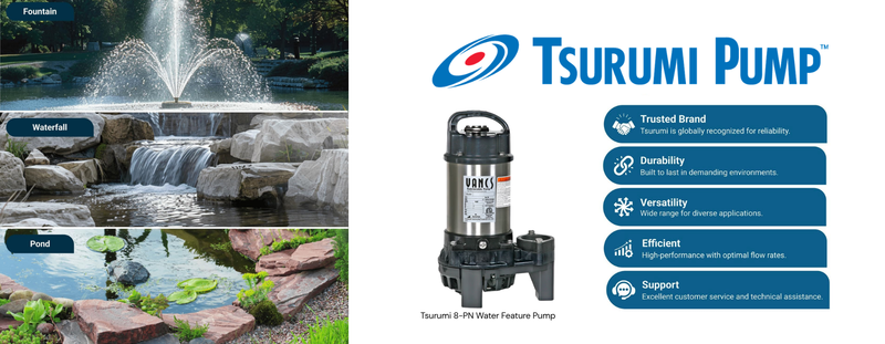 Tsurumi Pump with features and a garden fountain scene