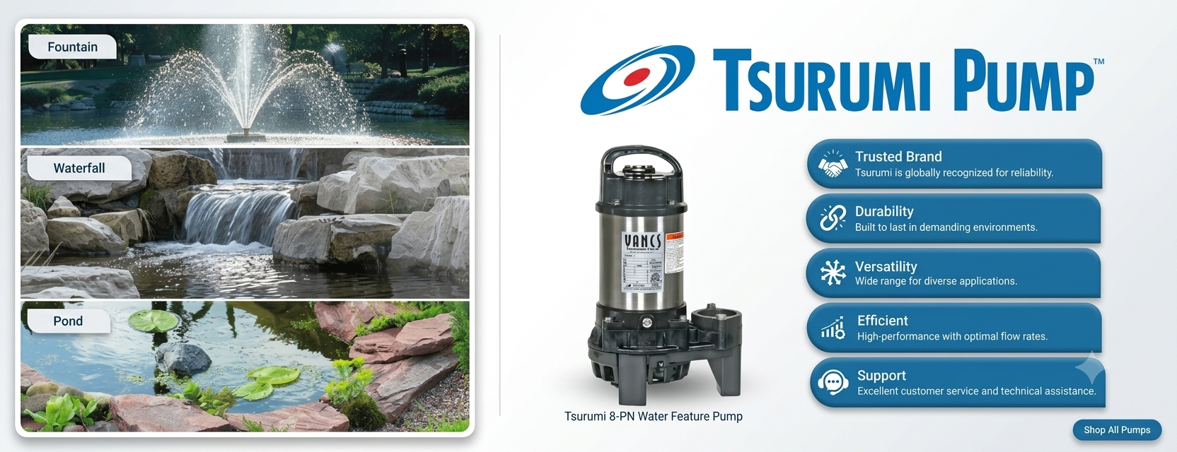 Featuring water features collage for Tsurumi Pump