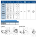 Technical specifications table and diagrams of motors on a white background
