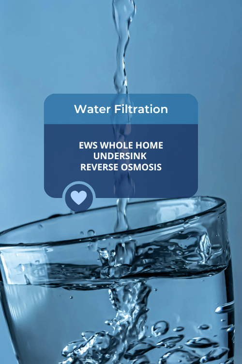 Water being poured into a glass with 'Water Filtration' text overlay on a blue background