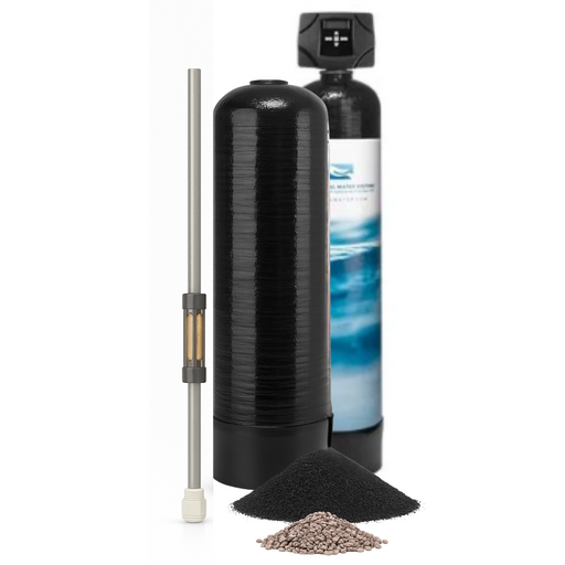 Water filtration system with filter, cleaning brush, and media on a white background