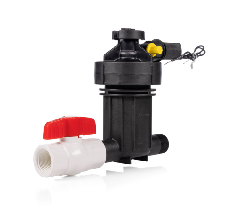 Mechanical valve with black body, red handle, and white body on a white background
