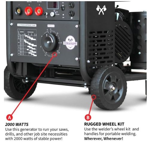 Tomahawk Power TWG210A stick and TIG welder generator showing controls and frame details