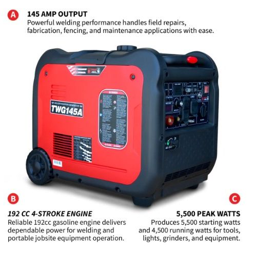 Tomahawk Power TWG145A 145 amp welder generator product and feature view