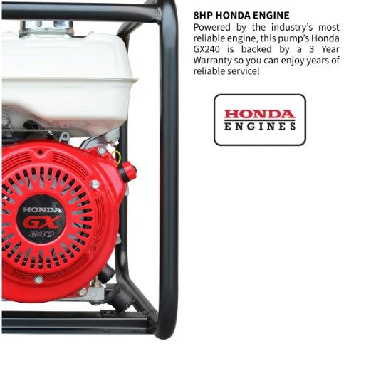 Tomahawk Power TW3H 3-inch trash pump showing Honda engine and pump housing details