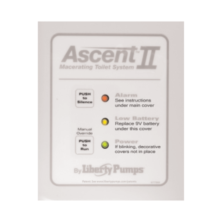 Ascent II macerating toilet system packaging with control panel diagram on a white background