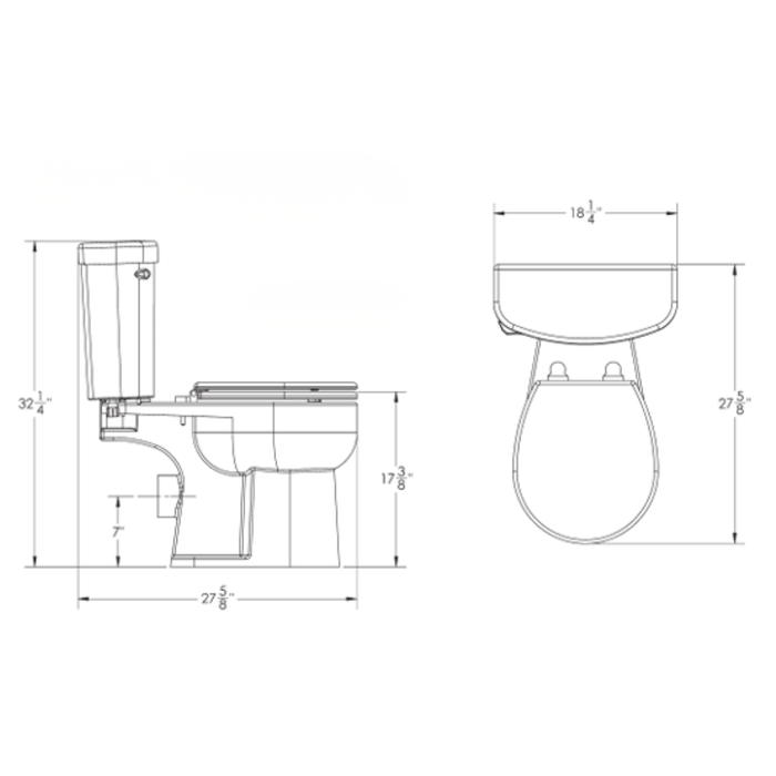 Technical drawing of a toilet with dimensions labeled