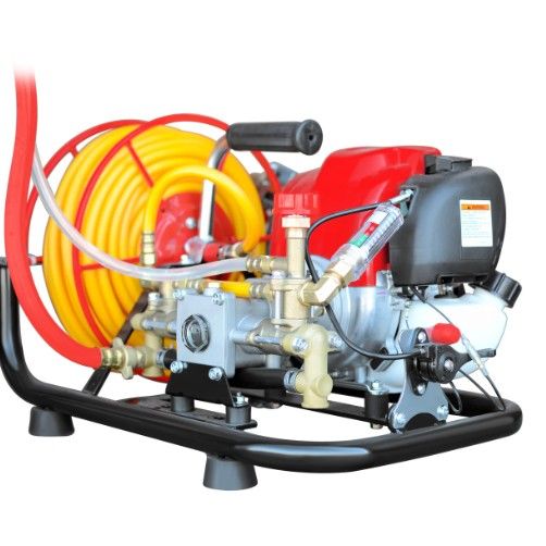 Tomahawk Power TBS500 barrel mount skid sprayer with Honda GX35 engine, 100-foot hose, and 500 PSI pump